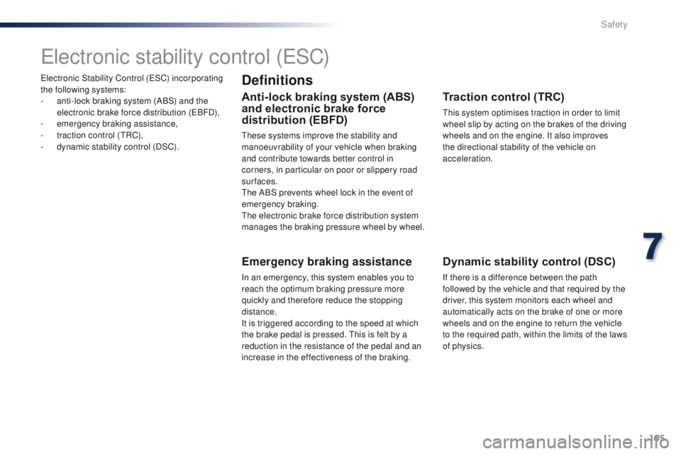 PEUGEOT 108 2015 Owners Manual 105
108_en_Chap07_securite_ed01-2015
electronic Stability Control (eSC) incorporating
the following systems:
-
a
nti-lock braking system (ABS) and the
electronic brake force distribution (
eB
FD PEUGEOT 108 2015 Owners Manual 105
108_en_Chap07_securite_ed01-2015
electronic Stability Control (eSC) incorporating
the following systems:
-
a
nti-lock braking system (ABS) and the
electronic brake force distribution (
eB
FD