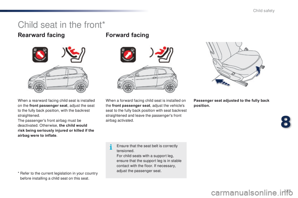 PEUGEOT 108 2015  Owners Manual 123
108_en_Chap08_securite-enfants_ed01-2015
Child seat in the front*
Rearward facingForward facing
Passenger seat adjusted to the fully back 
position.
en

sure that the seat belt is correctly 
tensi