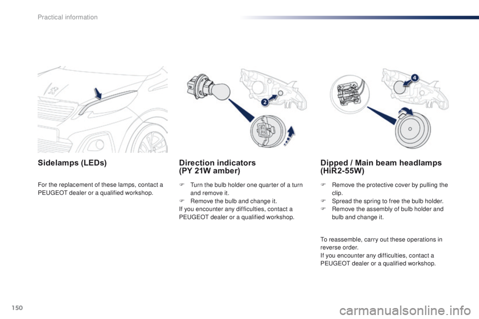 PEUGEOT 108 2015  Owners Manual 150
108_en_Chap09_info-pratiques_ed01-2015
Direction indicators  
(PY 21W amber)
Sidelamps (LEDs)
F  turn the bulb holder one quarter of a turn 
and remove it.
F
 
R
 emove the bulb and change it.
If 