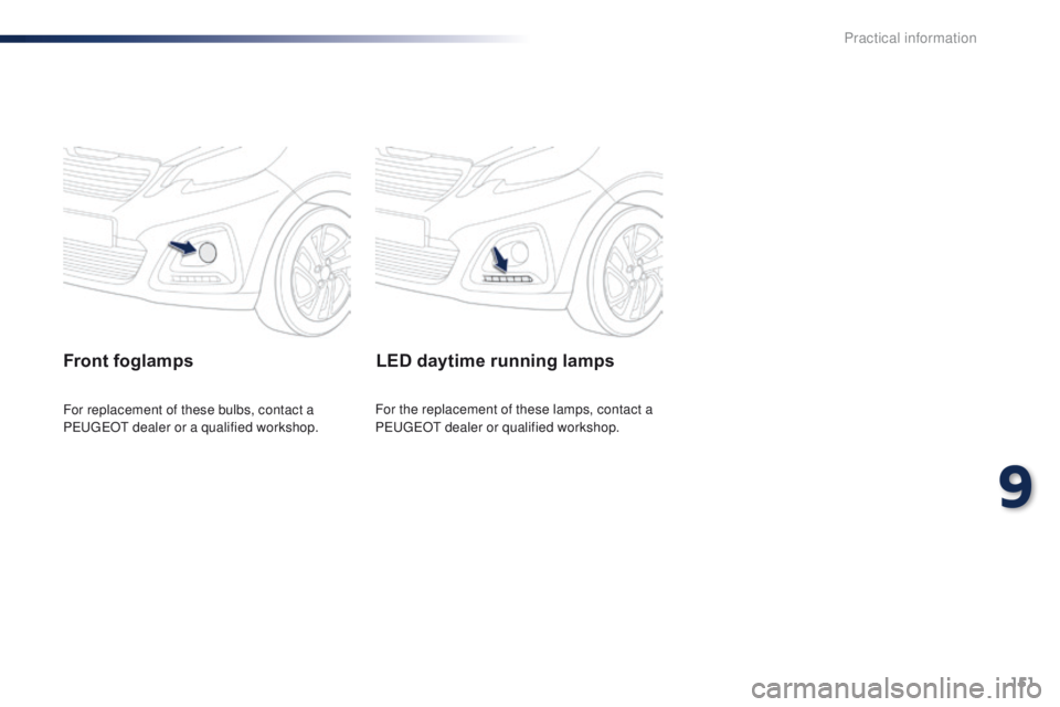 PEUGEOT 108 2015  Owners Manual 151
108_en_Chap09_info-pratiques_ed01-2015
Front foglamps
For replacement of these bulbs, contact a 
PeugeOt  dealer or a qualified workshop.
LED daytime running lamps
For the replacement of these lam