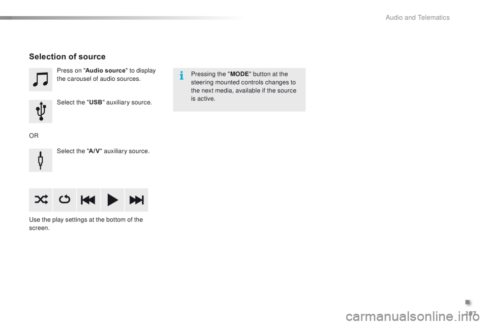 PEUGEOT 108 2015  Owners Manual 197
108_en_Chap12a_Autoradio-Toyota-tactile-1_ed01-2015
Press on "Audio source " to display 
the carousel of audio sources.
Select the " USB" auxiliary source.
Select the " A/V"