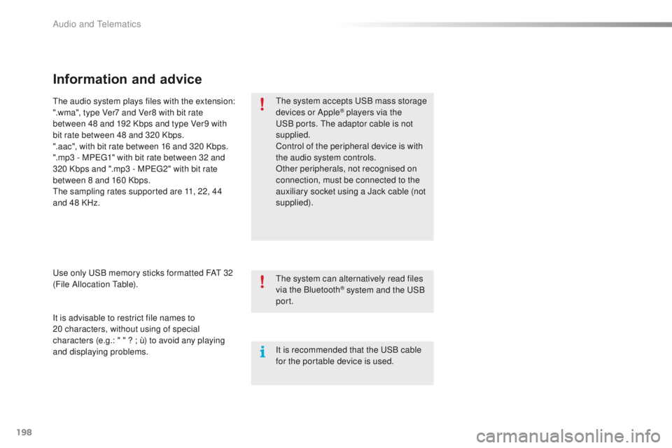 PEUGEOT 108 2015 Owners Manual 198
108_en_Chap12a_Autoradio-Toyota-tactile-1_ed01-2015
Information and advice
the system accepts uS B mass storage
devices or Apple® players via the uS
B ports.
th
e adaptor cable is not
supplied PEUGEOT 108 2015 Owners Manual 198
108_en_Chap12a_Autoradio-Toyota-tactile-1_ed01-2015
Information and advice
the system accepts uS B mass storage
devices or Apple® players via the uS
B ports.
th
e adaptor cable is not
supplied