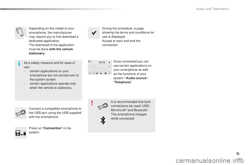 PEUGEOT 108 2015 Owners Manual 215
108_en_Chap12a_Autoradio-Toyota-tactile-1_ed01-2015
Depending on the model of your
smartphone, the manufacturer
may require you to first download a
dedicated application.
th
e download of the a PEUGEOT 108 2015 Owners Manual 215
108_en_Chap12a_Autoradio-Toyota-tactile-1_ed01-2015
Depending on the model of your
smartphone, the manufacturer
may require you to first download a
dedicated application.
th
e download of the a