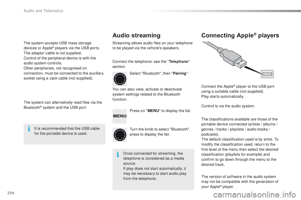 PEUGEOT 108 2015 Owners Manual 234
108_en_Chap12b_Autoradio-toyota-2_ed01-2015
Audio streaming Connecting Apple® players
Streaming allows audio files on your telephone
to be played via the vehicle's speakers.
You can also vie PEUGEOT 108 2015 Owners Manual 234
108_en_Chap12b_Autoradio-toyota-2_ed01-2015
Audio streaming Connecting Apple® players
Streaming allows audio files on your telephone
to be played via the vehicle's speakers.
You can also vie