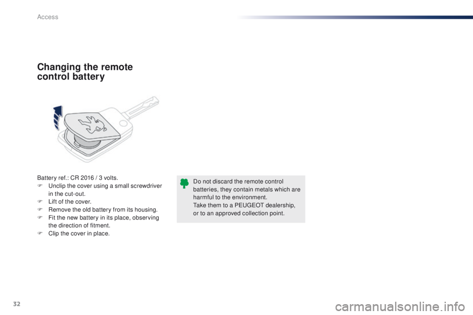 PEUGEOT 108 2015  Owners Manual 32
108_en_Chap02_ouvertures_ed01-2015
Battery ref.: CR 2016 / 3 volts.
F  un clip the cover using a small screwdriver 
in the cut-out.
F
 
L
 ift of the cover.
F
 
R
 emove the old battery from its ho