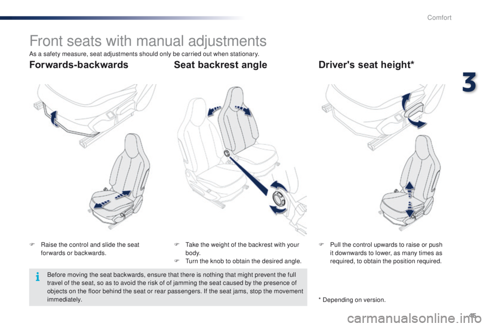 PEUGEOT 108 2015  Owners Manual 45
108_en_Chap03_confort_ed01-2015
Front seats with manual adjustments
F Raise the control and slide the seat forwards or backwards. F
 P ull the control upwards to raise or push 
it downwards to lowe