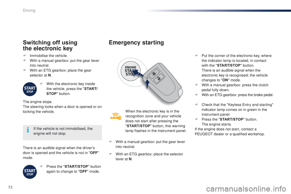 PEUGEOT 108 2015 Owners Manual 72
108_en_Chap05_conduite_ed01-2015
there is an audible signal when the driver's
door is opened and the vehicle is not in "OFF"
mode. If the vehicle is not immobilised, the
engine will PEUGEOT 108 2015 Owners Manual 72
108_en_Chap05_conduite_ed01-2015
there is an audible signal when the driver's
door is opened and the vehicle is not in "OFF"
mode. If the vehicle is not immobilised, the
engine will