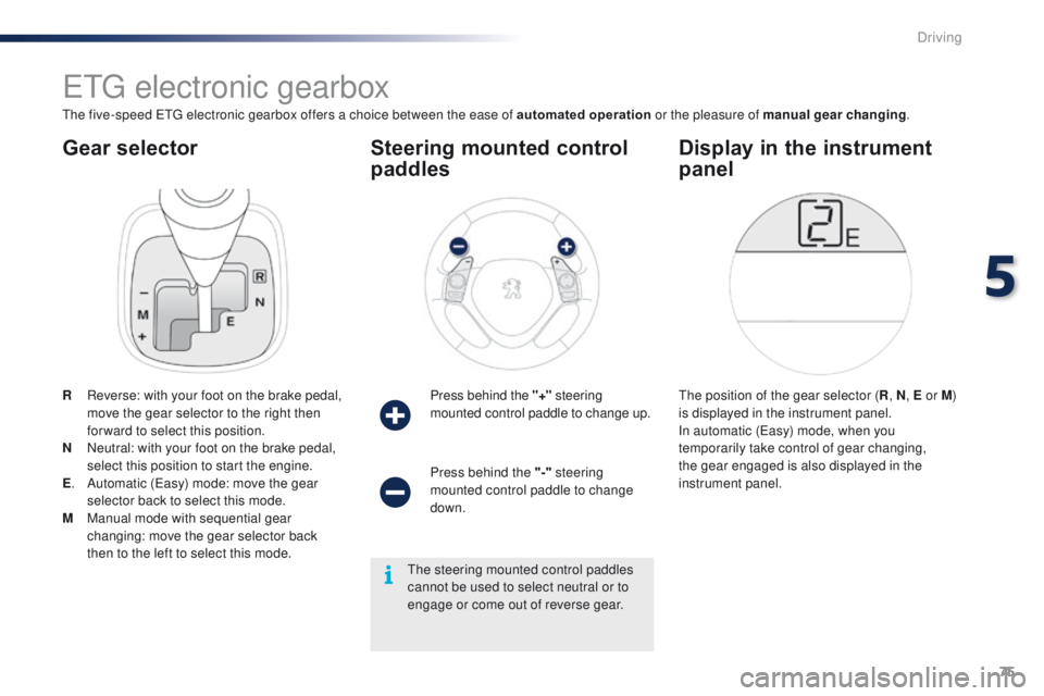 PEUGEOT 108 2015 Owners Manual 75
108_en_Chap05_conduite_ed01-2015
Gear selector
etg electronic gearbox
the five-speed etg electronic gearbox offers a choice between the ease of automated operation or the pleasure of manual gear PEUGEOT 108 2015 Owners Manual 75
108_en_Chap05_conduite_ed01-2015
Gear selector
etg electronic gearbox
the five-speed etg electronic gearbox offers a choice between the ease of automated operation or the pleasure of manual gear