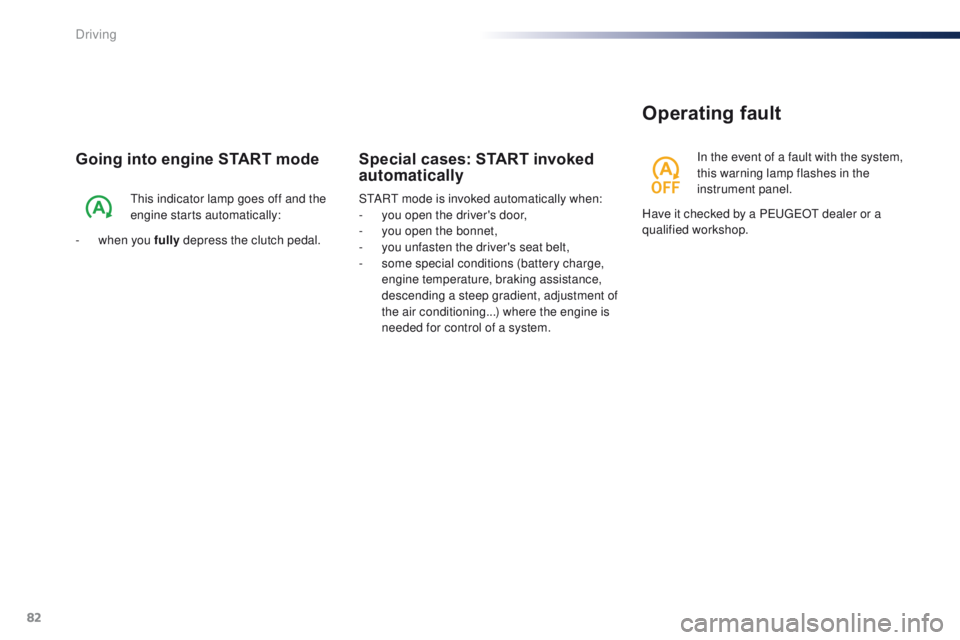 PEUGEOT 108 2015  Owners Manual 82
108_en_Chap05_conduite_ed01-2015
Going into engine START mode
this indicator lamp goes off and the 
engine starts automatically:
-
 
w

hen you fully  depress the clutch pedal. StA
Rt  mode is invo
