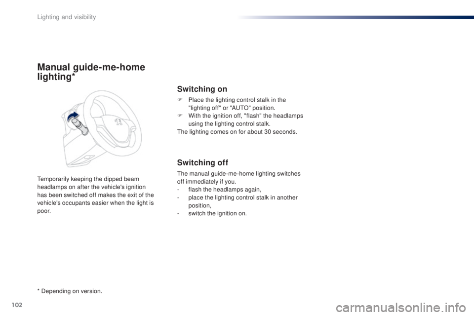 PEUGEOT 108 2016  Owners Manual 102
108_en_Chap05_eclairage-visibilite_ed01-2016
Manual guide-me-home 
lighting*
temporarily keeping the dipped beam 
headlamps on after the vehicle's ignition 
has been switched off makes the exi
