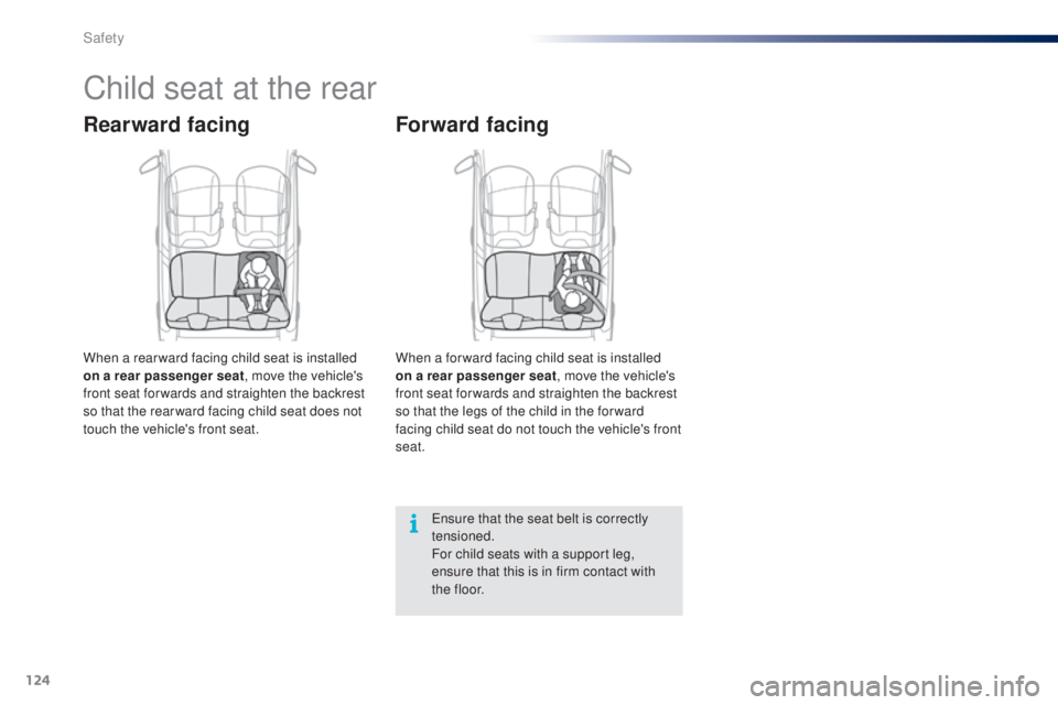 PEUGEOT 108 2016  Owners Manual 124
108_en_Chap06_securite_ed01-2016
Child seat at the rear
Rearward facing
When a rear ward facing child seat is installed 
on a rear passenger seat, move the vehicle's 
front seat for wards and 