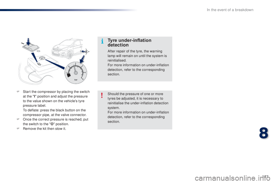 PEUGEOT 108 2016  Owners Manual 157
108_en_Chap08_en-cas-pannes_ed01-2016
Should the pressure of one or more 
tyres be adjusted, it is necessary to 
reinitialise the under-inflation detection 
system.
For more information on under-i