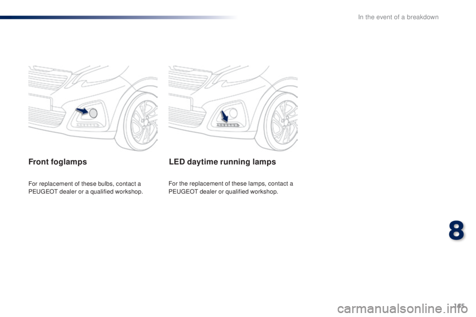 PEUGEOT 108 2016  Owners Manual 165
108_en_Chap08_en-cas-pannes_ed01-2016
Front foglamps
For replacement of these bulbs, contact a 
PeugeOt  dealer or a qualified workshop.
LeD daytime running lamps
For the replacement of these lamp