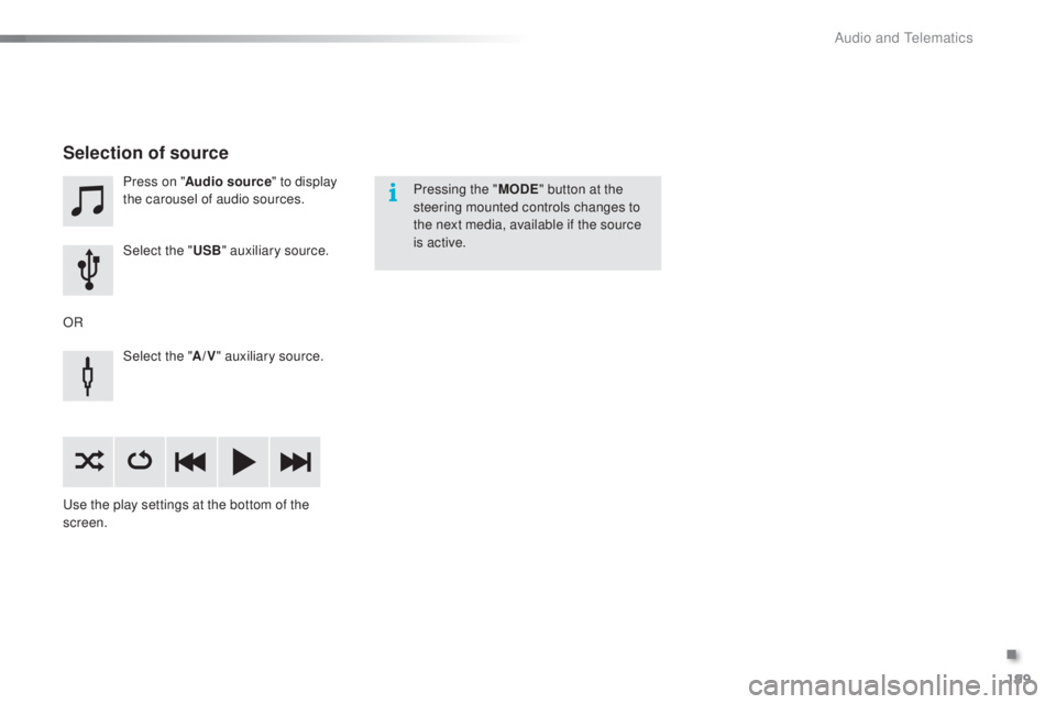 PEUGEOT 108 2016  Owners Manual 199
108_en_Chap10a_Autoradio-toyota-tactile-1_ed01-2016
Press on "Audio source " to display 
the carousel of audio sources.
Select the "
u

SB" auxiliary source.
Select the " A/V&#