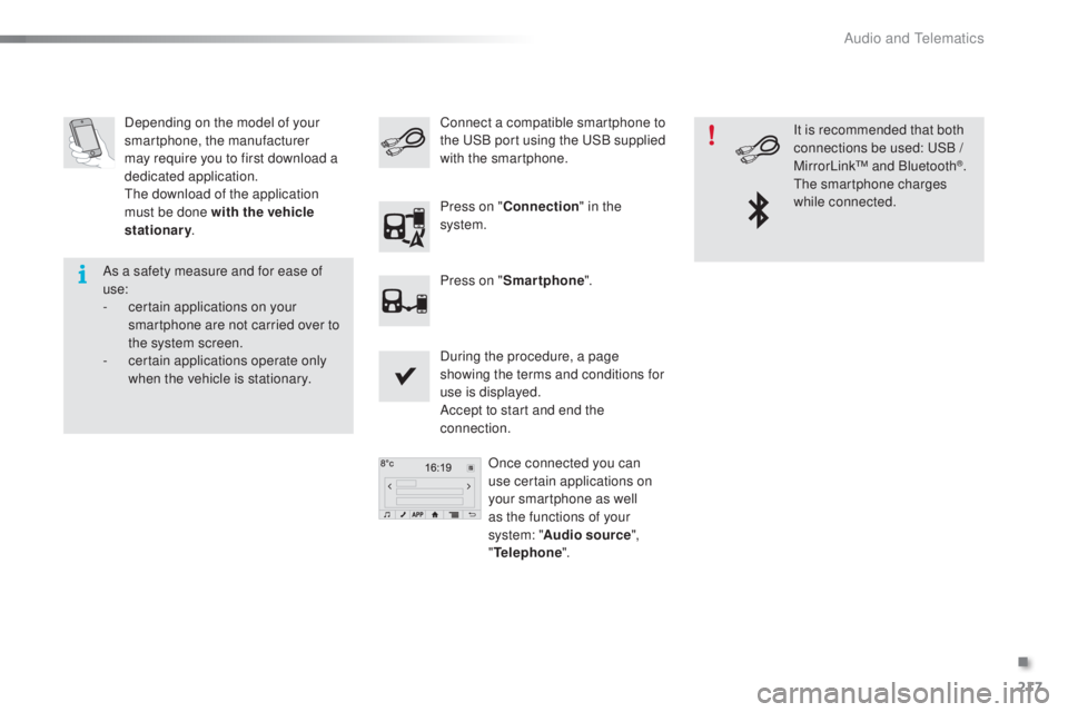 PEUGEOT 108 2016 Owners Manual 217
108_en_Chap10a_Autoradio-toyota-tactile-1_ed01-2016
Depending on the model of your
smartphone, the manufacturer
may require you to first download a
dedicated application.
th
e download of the PEUGEOT 108 2016 Owners Manual 217
108_en_Chap10a_Autoradio-toyota-tactile-1_ed01-2016
Depending on the model of your
smartphone, the manufacturer
may require you to first download a
dedicated application.
th
e download of the