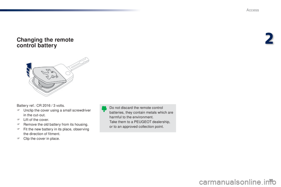 PEUGEOT 108 2016  Owners Manual 33
108_en_Chap02_ouvertures_ed01-2016
Battery ref.: CR 2016 / 3 volts.
F  un clip the cover using a small screwdriver 
in the cut-out.
F
 
L
 ift of the cover.
F
 
R
 emove the old battery from its ho