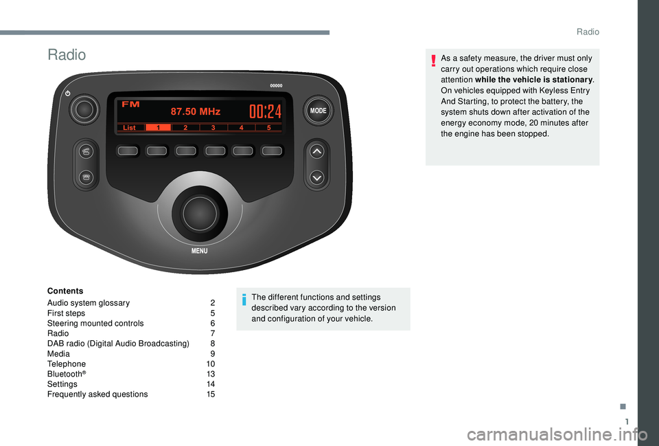 PEUGEOT 108 2018  Owners Manual 1
MODE
Radio
Contents
Audio system glossary  
2
F

irst steps   
5
S

teering mounted controls   
6
R

adio   
7
D

AB radio (Digital Audio Broadcasting)   
8
M

edia   
9
T

elephone   
1
 0
Bluetoot