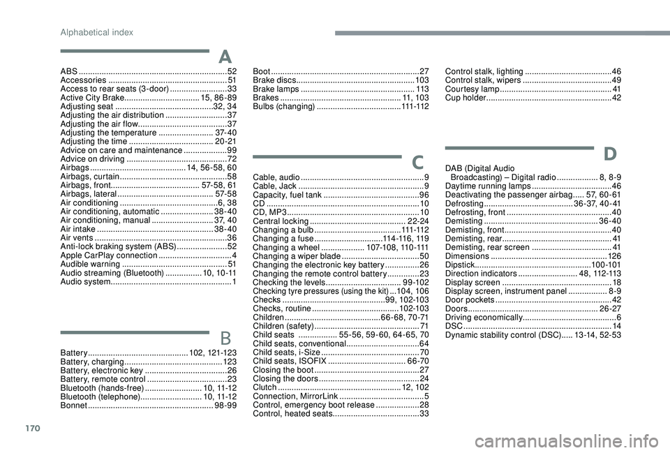 PEUGEOT 108 2018  Owners Manual 170
ABS .................................................................52
Accessories  .................................................... 51
Access to rear seats (3 -door)
  ......................