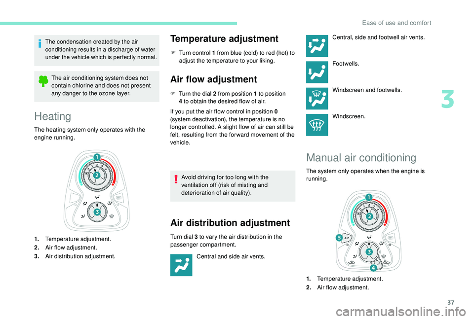 PEUGEOT 108 2018  Owners Manual 37
The condensation created by the air 
conditioning results in a  discharge of water 
under the vehicle which is per fectly normal.
The air conditioning system does not 
contain chlorine and does not