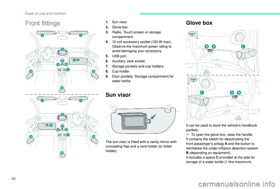 PEUGEOT 108 2018  Owners Manual 42
Front fittings1.Sun visor.
2. Glove box.
3. Radio, Touch screen or storage 
compartment.
4. 12
  volt accessory socket (120   W max). 
Obser ve the maximum power rating to 
avoid damaging your acce