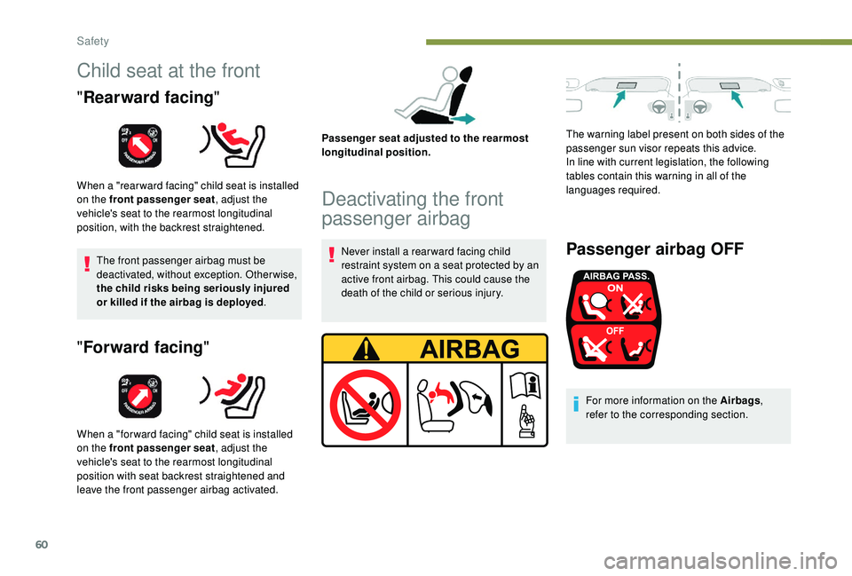 PEUGEOT 108 2018  Owners Manual 60
Child seat at the front
"Rearward facing "
When a "rear ward facing" child seat is installed 
on the front passenger seat , adjust the 
vehicle's seat to the rearmost longitudin