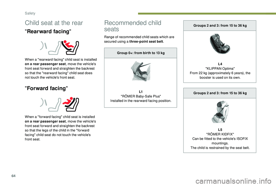 PEUGEOT 108 2018  Owners Manual 64
Child seat at the rear
"Rearward facing "
When a "rear ward facing" child seat is installed 
on a
  rear passenger seat , move the vehicle's 
front seat for ward and straighten 