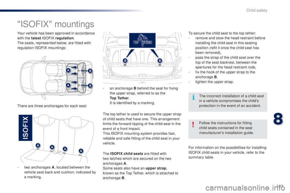 PEUGEOT 108 2014  Owners Manual 127
Your vehicle has been approved in accordance 
with the latest ISOFIX regulation .
th

e seats, represented below, are fitted with 
regulation ISOFIX mountings:
"ISOFIX" mountings
there are