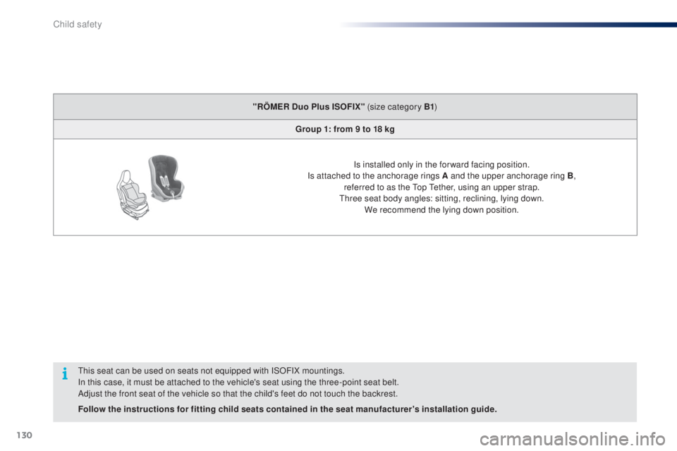 PEUGEOT 108 2014  Owners Manual 130
this seat can be used on seats not equipped with ISOFIX mountings.
In this case, it must be attached to the vehicle's seat using the three-point seat belt.
Adjust the front seat of the vehicle
