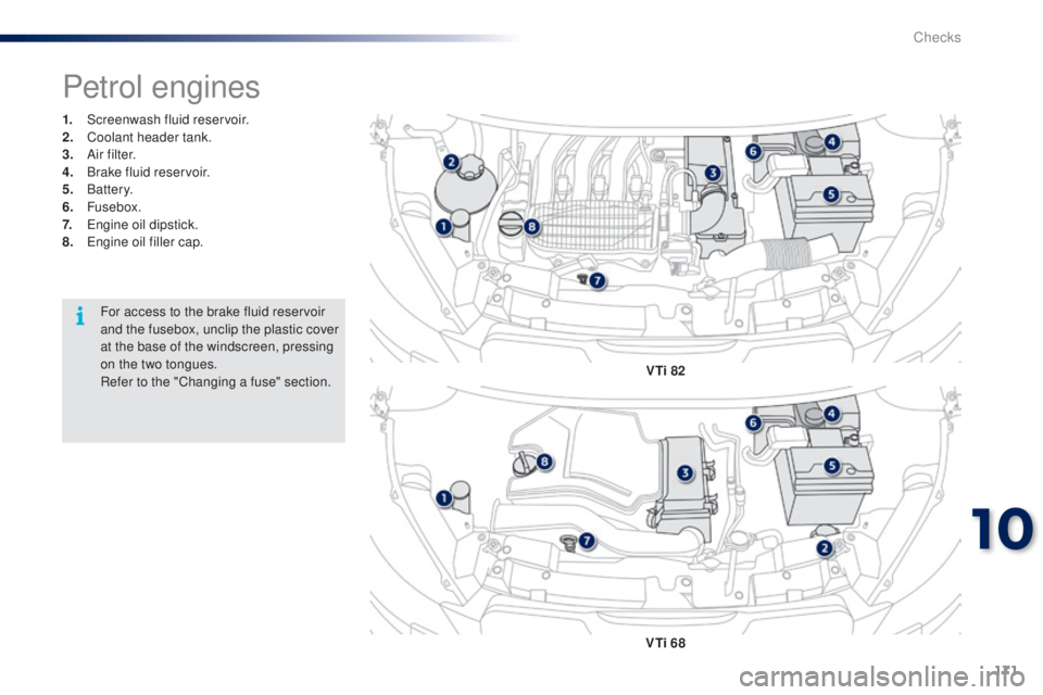 PEUGEOT 108 2014  Owners Manual 171
1. Screenwash fluid reservoir.
2. Coolant header tank.
3.
 A

i r f i l t e r.
4.
 B

rake fluid reservoir.
5.
 

Battery.
6.
 

Fusebox.
7.
 

e
n
 gine oil dipstick.
8.
 

e
n
 gine oil filler c