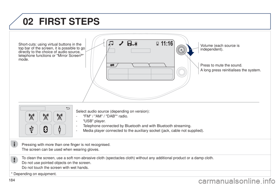 PEUGEOT 108 2014  Owners Manual 02
184Press to mute the sound.
A long press reinitialises the system. Volume (each source is 
independent).
Select audio source (depending on version):
-  
"FM" / "AM" / "DAB"*