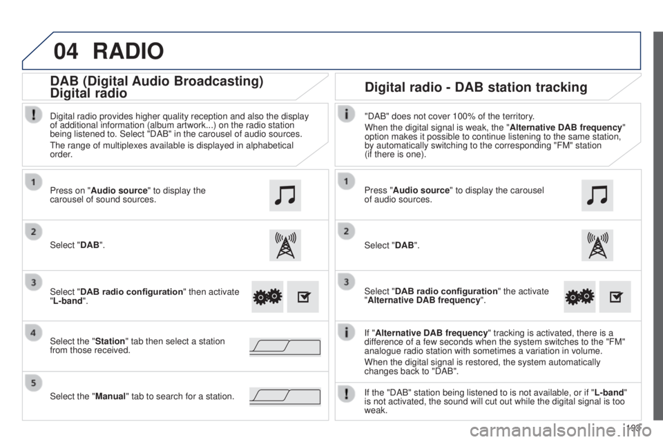 PEUGEOT 108 2014  Owners Manual 04
193
RADIO
If "Alternative DAB frequency " tracking is activated, there is a 
difference of a few seconds when the system switches to the "FM" 
analogue radio station with sometimes 