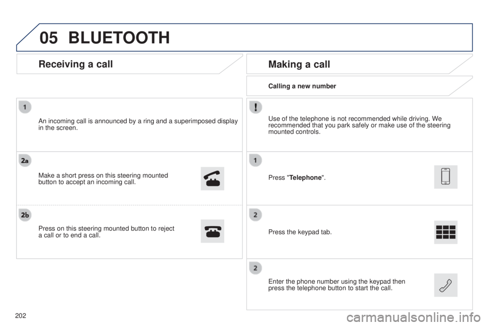 PEUGEOT 108 2014  Owners Manual 05
Calling a new number
Making a call
use of the telephone is not recommended while driving. We 
recommended that you park safely or make use of the steering 
mounted controls.
Press the keypad tab.
e