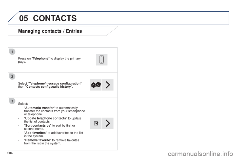 PEUGEOT 108 2014  Owners Manual 05
204Select "Telephone/message configuration
" 
then "Contacts config./calls history ".
Press on "Telephone" to display the primary 
page.
Select:
-   "Automatic transfer
