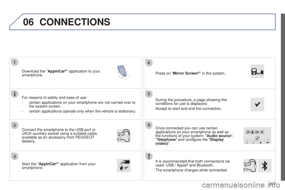 PEUGEOT 108 2014  Owners Manual 06
207
Once connected you can use certain 
applications on your smartphone as well as 
the functions of your system: "Audio source", 
"Telephone" and configure the "Display 
(video