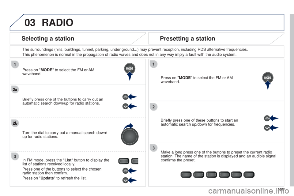 PEUGEOT 108 2014 Owners Manual 03
MODE
MODE
225
Press on "MODE" to select the FM or AM
waveband.
t
he surroundings (hills, buildings, tunnel, parking, under ground...) m\
ay prevent reception, including RDS alternative fr PEUGEOT 108 2014 Owners Manual 03
MODE
MODE
225
Press on "MODE" to select the FM or AM
waveband.
t
he surroundings (hills, buildings, tunnel, parking, under ground...) m\
ay prevent reception, including RDS alternative fr