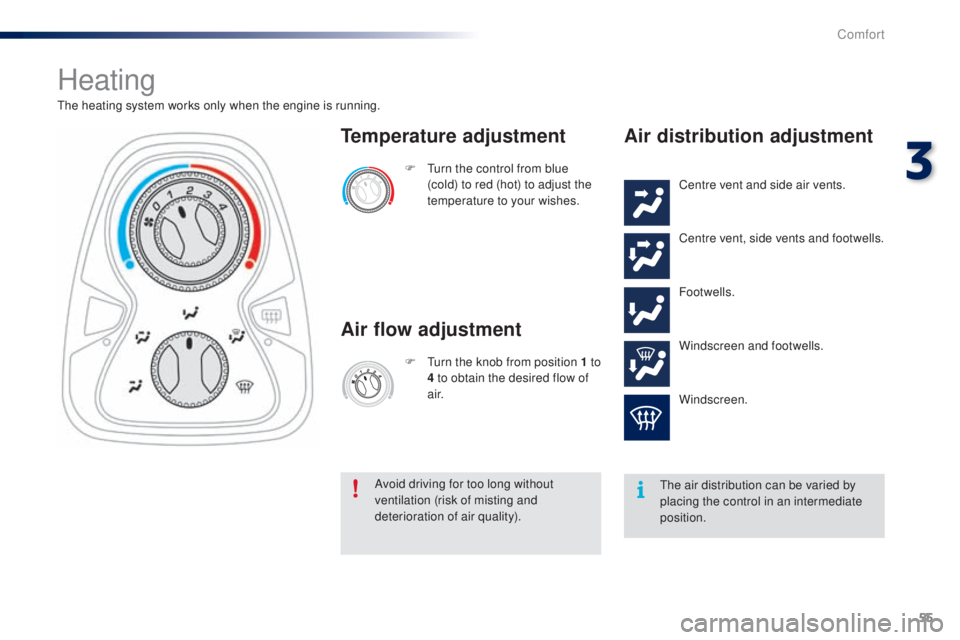 PEUGEOT 108 2014  Owners Manual 55
Heating
the heating system works only when the engine is running.F   t
u
 rn the control from blue 
(cold) to red (hot) to adjust the 
temperature to your wishes.
Temperature adjustment
Air flow ad