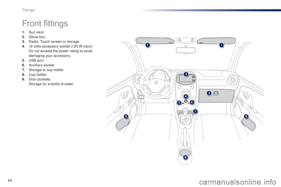 PEUGEOT 108 2014  Owners Manual 64
Front fittings
1. Sun visor.
2. gl ove box.
3.
 R

adio,  t
o
 uch screen or storage.
4.
 1

2 volts accessory socket (120 W maxi).
 D

o not exceed the power rating to avoid 
damaging your accesso