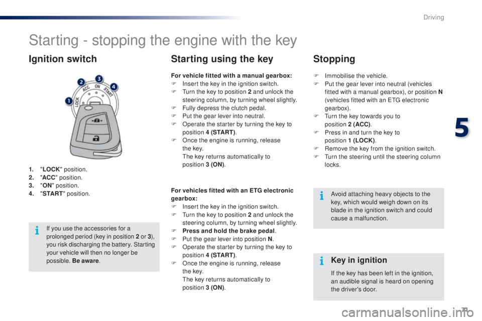PEUGEOT 108 2014  Owners Manual 71
Starting - stopping the engine with the key
1. "LOCK " position.
2. " AC
C" position.
3.
 

"ON " position.
4.
 " S

TA R T" position.
Ignition switch
Avoid attachin
