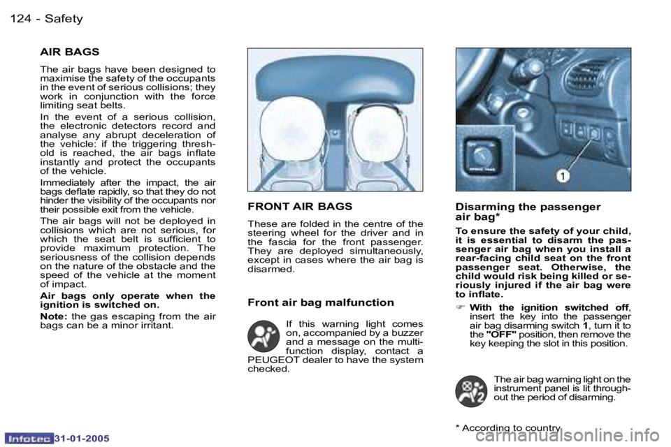 PEUGEOT 206 2004  Owners Manual �1�2�4 �-
�3�1�-�0�1�-�2�0�0�5
�1�2�5
�-
�3�1�-�0�1�-�2�0�0�5
�A�I�R� �B�A�G�S
�T�h�e� �a�i�r� �b�a�g�s� �h�a�v�e� �b�e�e�n� �d�e�s�i�g�n�e�d� �t�o�  
�m�a�x�i�m�i�s�e� �t�h�e� �s�a�f�e�t�y� �o�f� �t�