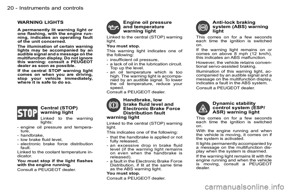 PEUGEOT 206 2006  Owners Manual �I�n�s�t�r�u�m�e�n�t�s� �a�n�d� �c�o�n�t�r�o�l�s�2�0 �-
�D�y�n�a�m�i�c� �s�t�a�b�i�l�i�t�y� �c�o�n�t�r�o�l� �s�y�s�t�e�m� �(�E�S�P�/�A�S�R�)� �w�a�r�n�i�n�g� �l�i�g�h�t
�T�h�i�s�  �c�o�m�e�s�  �o�n�  