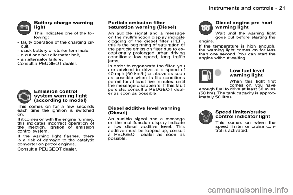 PEUGEOT 206 2006  Owners Manual �2�1�I�n�s�t�r�u�m�e�n�t�s� �a�n�d� �c�o�n�t�r�o�l�s�-
�B�a�t�t�e�r�y� �c�h�a�r�g�e� �w�a�r�n�i�n�g� �l�i�g�h�t
�T�h�i�s� �i�n�d�i�c�a�t�e�s� �o�n�e� �o�f� �t�h�e� �f�o�l�-�l�o�w�i�n�g�:
�-�  �f�a�u�l
