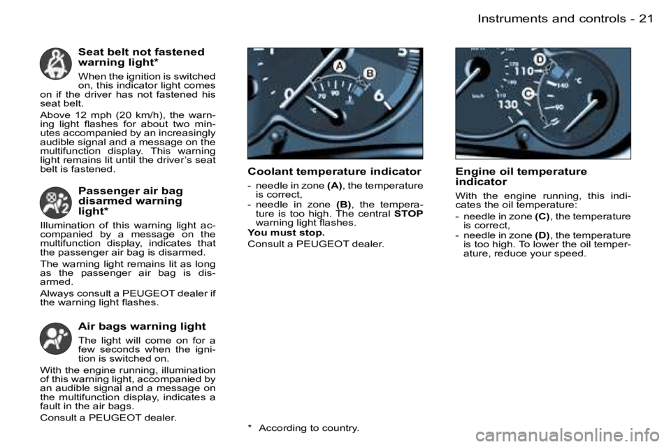PEUGEOT 206 2007  Owners Manual �2�1�I�n�s�t�r�u�m�e�n�t�s� �a�n�d� �c�o�n�t�r�o�l�s�-
�S�e�a�t� �b�e�l�t� �n�o�t� �f�a�s�t�e�n�e�d�  
�w�a�r�n�i�n�g� �l�i�g�h�t�*
�W�h�e�n� �t�h�e� �i�g�n�i�t�i�o�n� �i�s� �s�w�i�t�c�h�e�d�  
�o�n�,