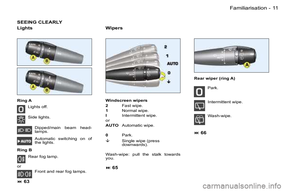 PEUGEOT 206 2007  Owners Manual �1�1
�-
�S�E�E�I�N�G� �C�L�E�A�R�L�Y
�W�i�p�e�r�s
�L�i�g�h�t�s� �o�f�f�. 
�S�i�d�e� �l�i�g�h�t�s�.
�D�i�p�p�e�d�/�m�a�i�n�  �b�e�a�m�  �h�e�a�d�- 
�l�a�m�p�s�. 
�A�u�t�o�m�a�t�i�c�  �s�w�i�t�c�h�i�n�g