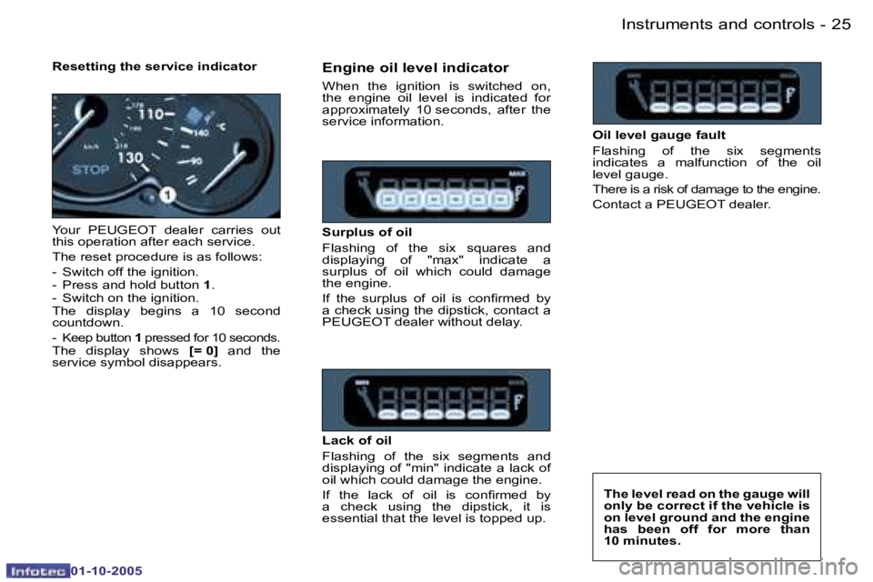 PEUGEOT 206 2005  Owners Manual �I�n�s�t�r�u�m�e�n�t�s� �a�n�d� �c�o�n�t�r�o�l�s�2�4 �-
�0�1�-�1�0�-�2�0�0�5
�2�5�I�n�s�t�r�u�m�e�n�t�s� �a�n�d� �c�o�n�t�r�o�l�s�-
�0�1�-�1�0�-�2�0�0�5
�R�e�s�e�t�t�i�n�g� �t�h�e� �s�e�r�v�i�c�e� �i�