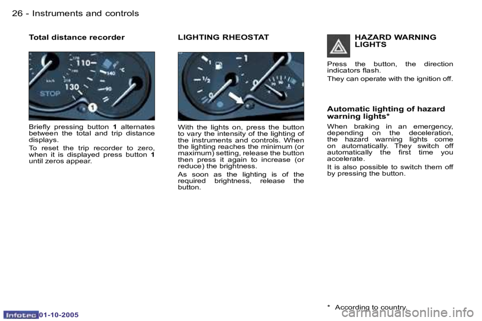 PEUGEOT 206 2005  Owners Manual �I�n�s�t�r�u�m�e�n�t�s� �a�n�d� �c�o�n�t�r�o�l�s�2�6 �-
�0�1�-�1�0�-�2�0�0�5
�T�o�t�a�l� �d�i�s�t�a�n�c�e� �r�e�c�o�r�d�e�r
�B�r�i�e�l�y�  �p�r�e�s�s�i�n�g�  �b�u�t�t�o�n� �1�  �a�l�t�e�r�n�a�t�e�s� 
