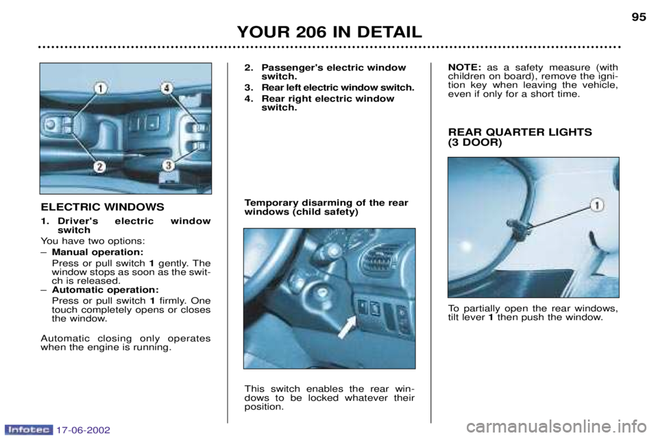 PEUGEOT 206 2002  Owners Manual YOUR 206 IN DETAIL95
REAR QUARTER LIGHTS  (3 DOOR) 
To partially open the rear windows, tilt lever  1then push the window.
ELECTRIC WINDOWS 
1. Drivers electric window 
switch
You have two options: 