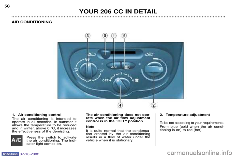 PEUGEOT 206 CC 2002  Owners Manual YOUR 206 CC IN DETAIL
58
AIR CONDITIONING
1. Air conditioning control The air conditioning is intended to operate in all seasons. In summer itallows the temperature to be reduced
and in winter, above 