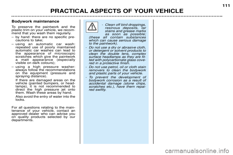 PEUGEOT 206 CC 2001  Owners Manual PRACTICAL ASPECTS OF YOUR VEHICLE111
Bodywork maintenance 
To preserve the paintwork and the plastic trim on your vehicle, we recom-
mend that you wash them regularly. 
Ð by hand: there are no specif