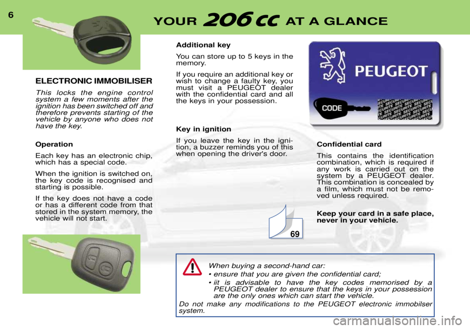 PEUGEOT 206 CC 2001 Owners Manual ELECTRONIC IMMOBILISER This locks the engine control system a few moments after theignition has been switched off andtherefore prevents starting of thevehicle by anyone who does not
have the key. Oper PEUGEOT 206 CC 2001 Owners Manual ELECTRONIC IMMOBILISER This locks the engine control system a few moments after theignition has been switched off andtherefore prevents starting of thevehicle by anyone who does not
have the key. Oper