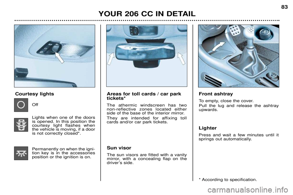 PEUGEOT 206 CC 2001  Owners Manual YOUR 206 CC IN DETAIL83
Areas for toll cards / car park tickets* The athermic windscreen has two non-reflective zones located either
side of the base of the interior mirror. 
They are intended for aff